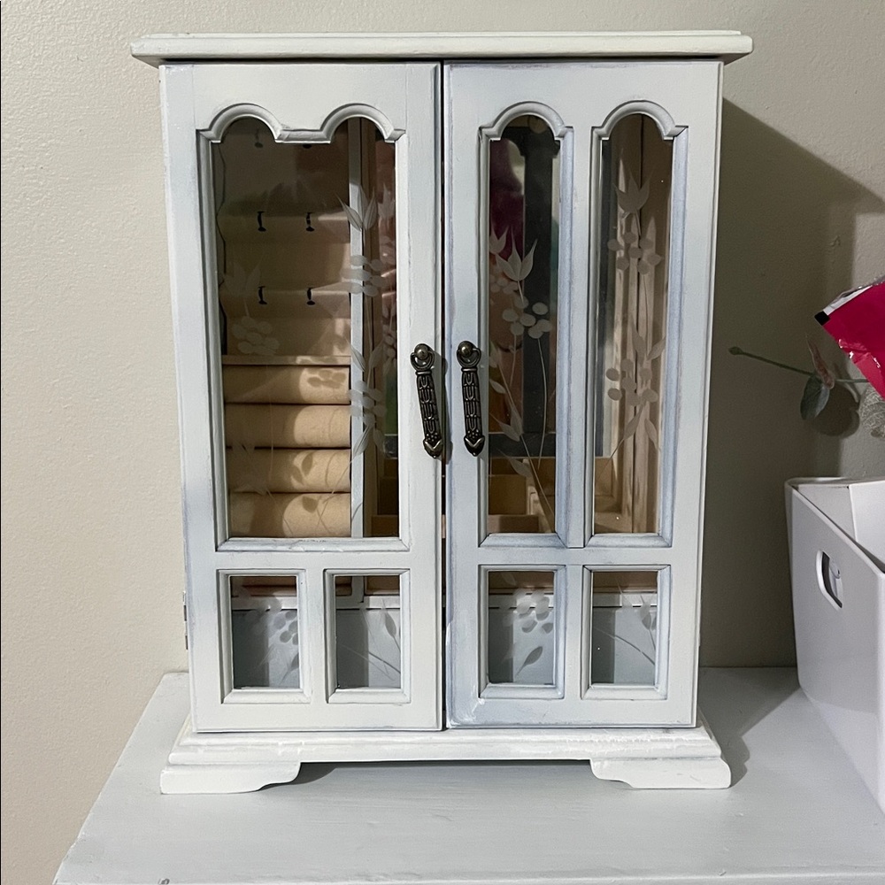 White Mirrored Wooden Jewelry Armoire with Etched Glass Doors